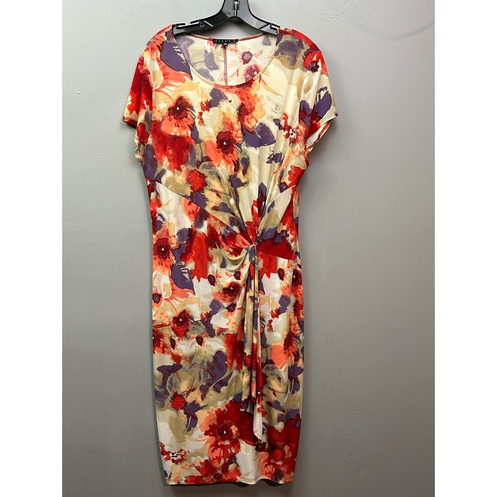 Tiana‎ B Dress Women Large Red Floral Twist Front Sheath Short Sleeve Office